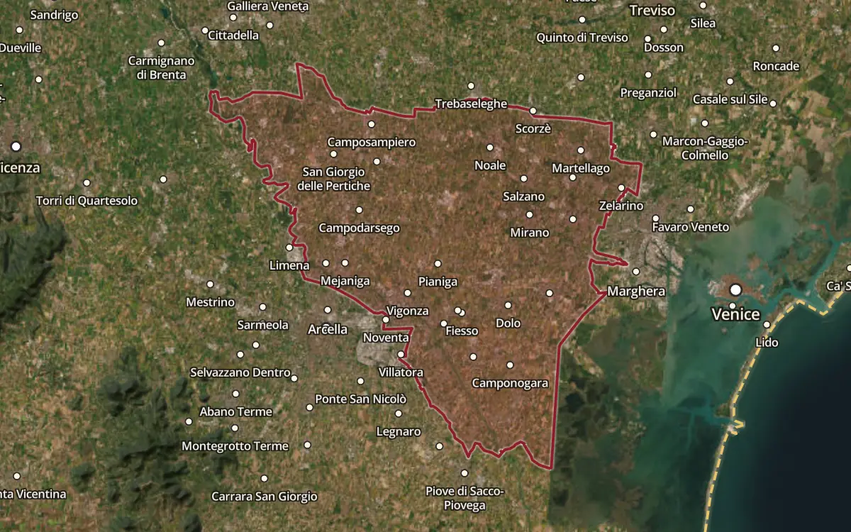 Map of the Riviera del Brenta DOC production zone on satellite imagery