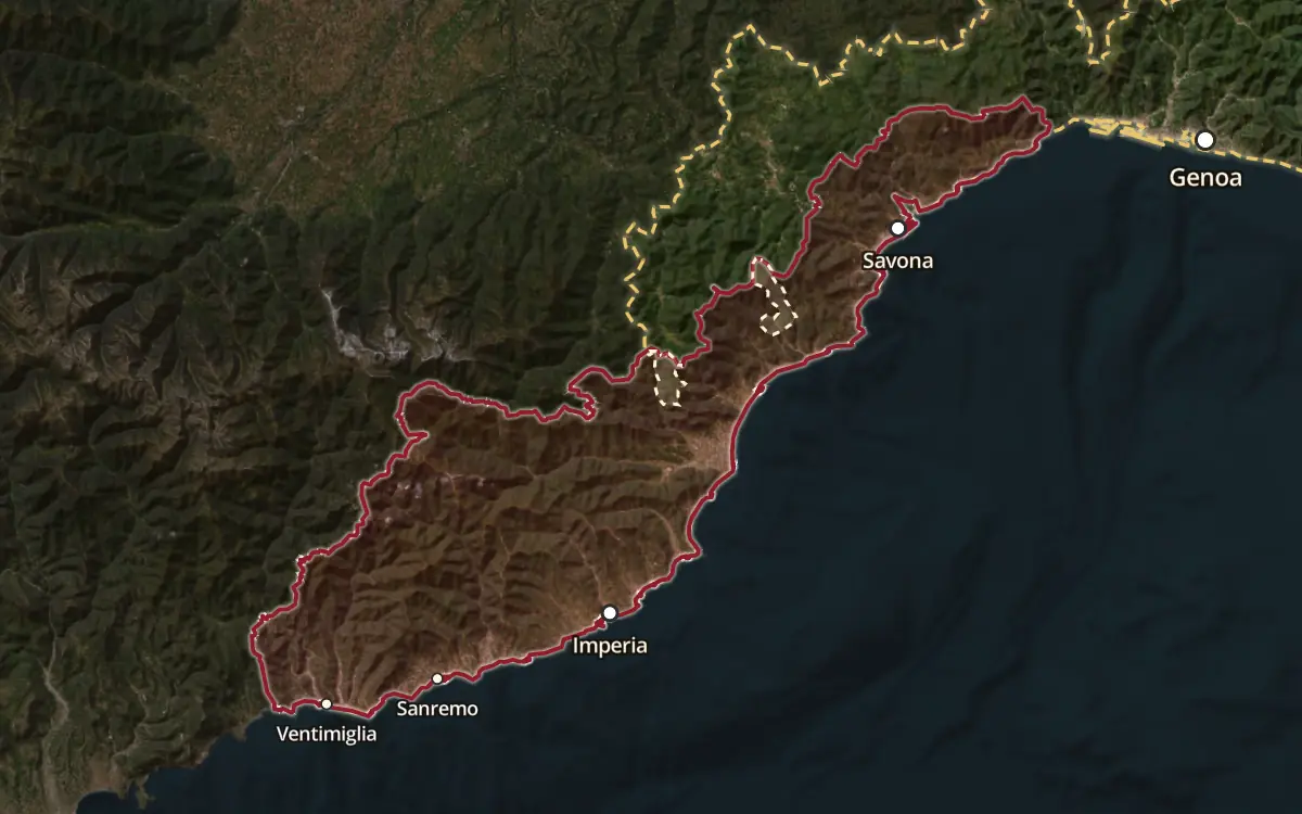 Map of the Riviera Ligure di Ponente DOC production zone on satellite imagery