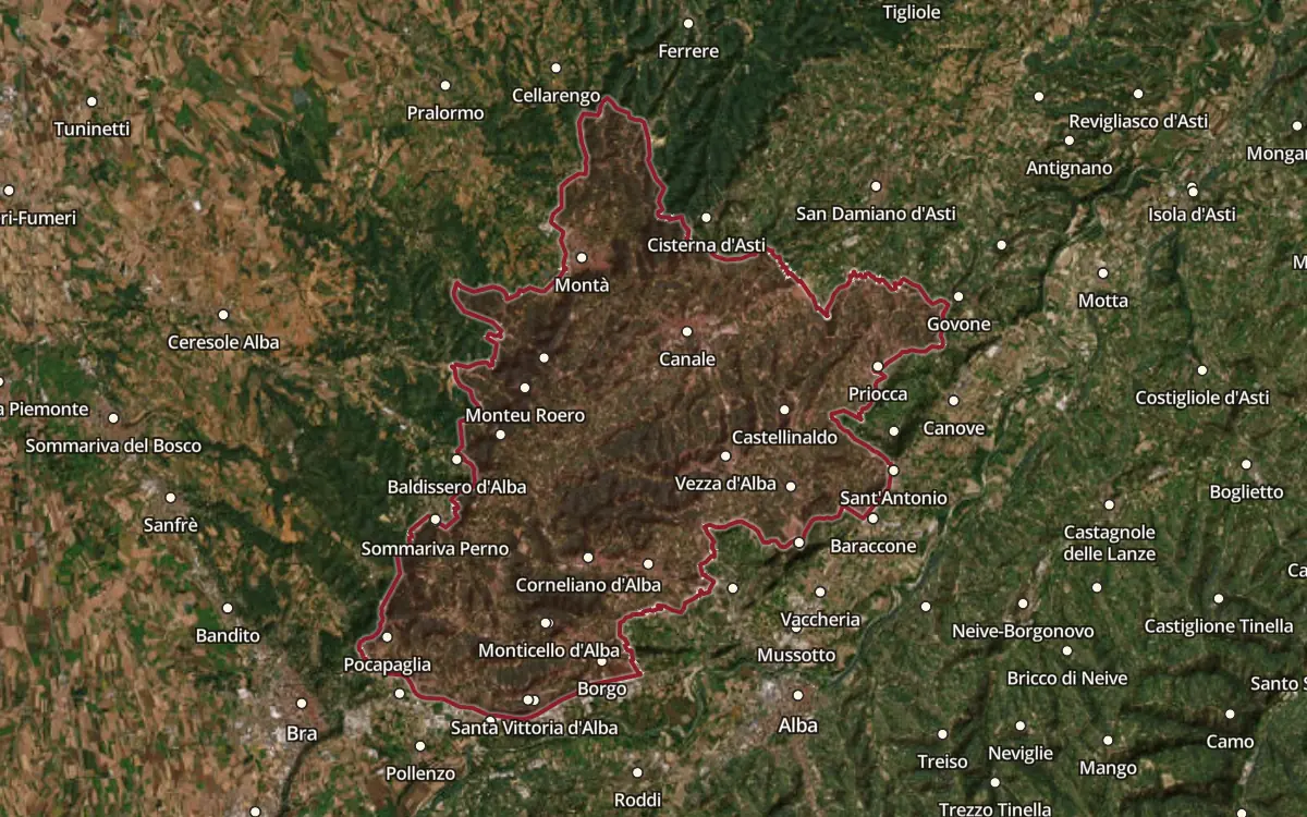 Map of the Roero DOCG production zone on satellite imagery