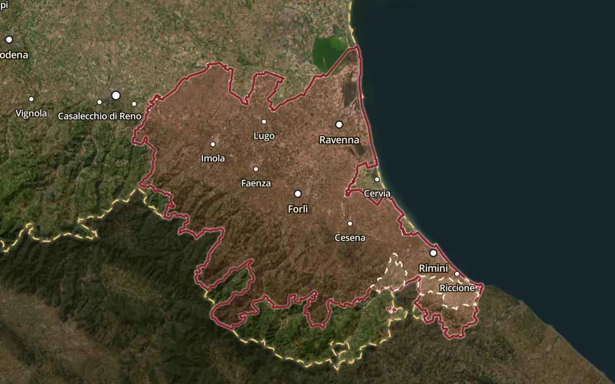 Map of the Romagna DOC production zone on satellite imagery