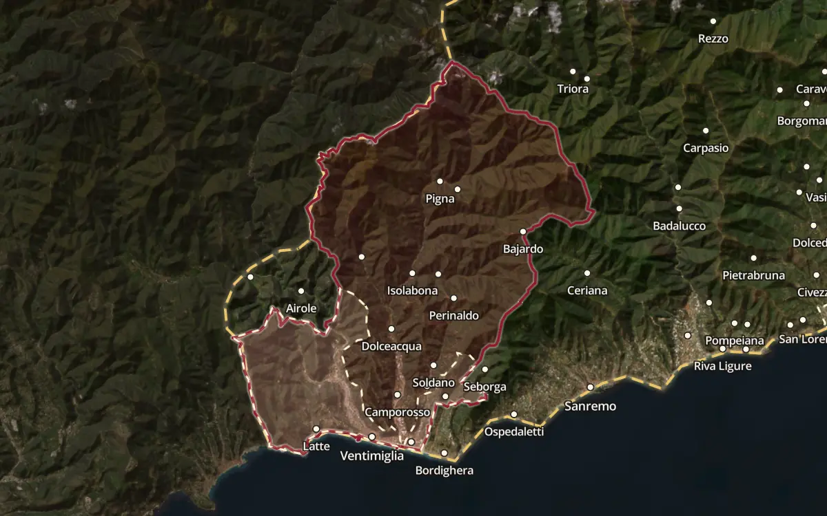 Map of the Rossese di Dolceacqua / Dolceacqua DOC production zone on satellite imagery
