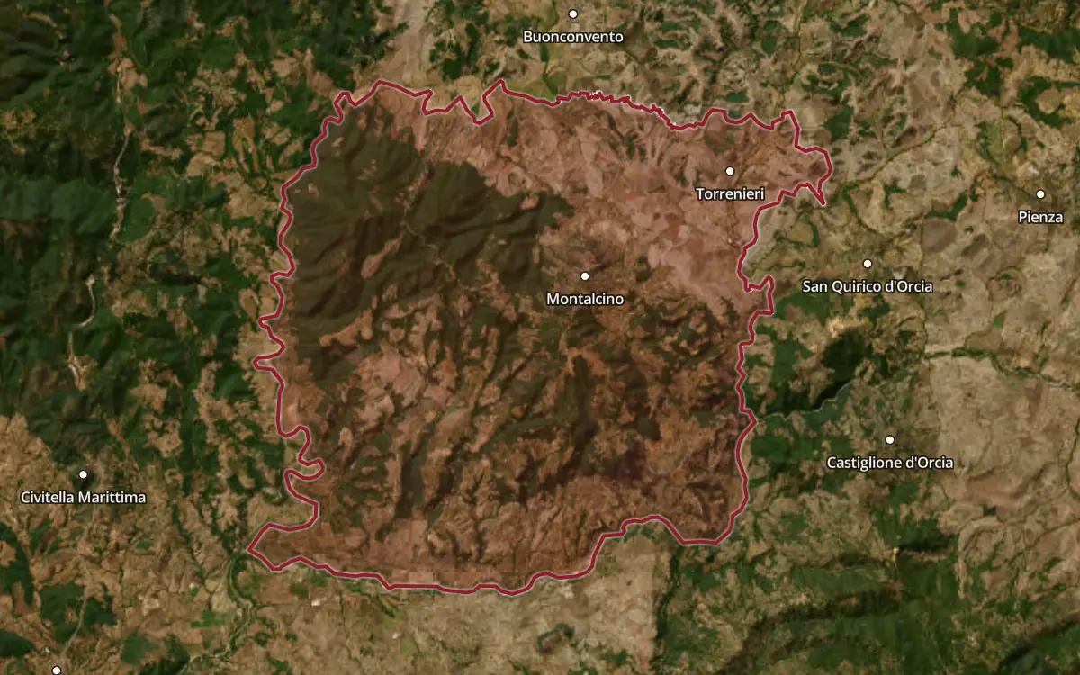 Map of the Rosso di Montalcino DOC production zone on satellite imagery