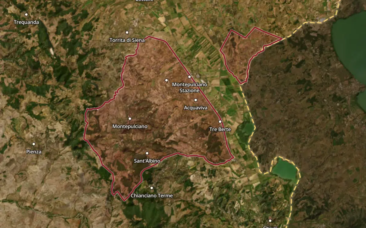 Map of the Rosso di Montepulciano DOC production zone on satellite imagery