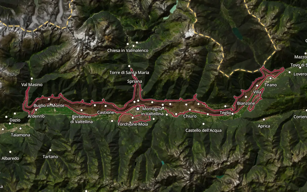Map of the Rosso di Valtellina DOC production zone on satellite imagery