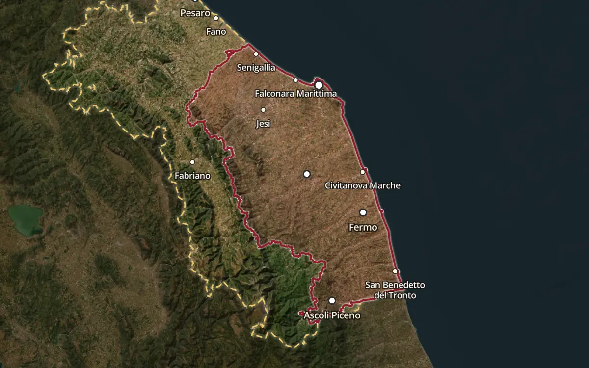 Map of the Rosso Piceno DOC production zone on satellite imagery