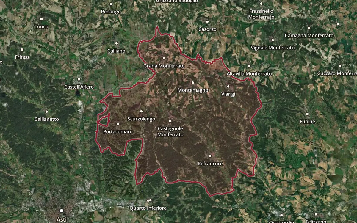 Map of the Ruchè di Castagnole Monferrato DOCG production zone on satellite imagery
