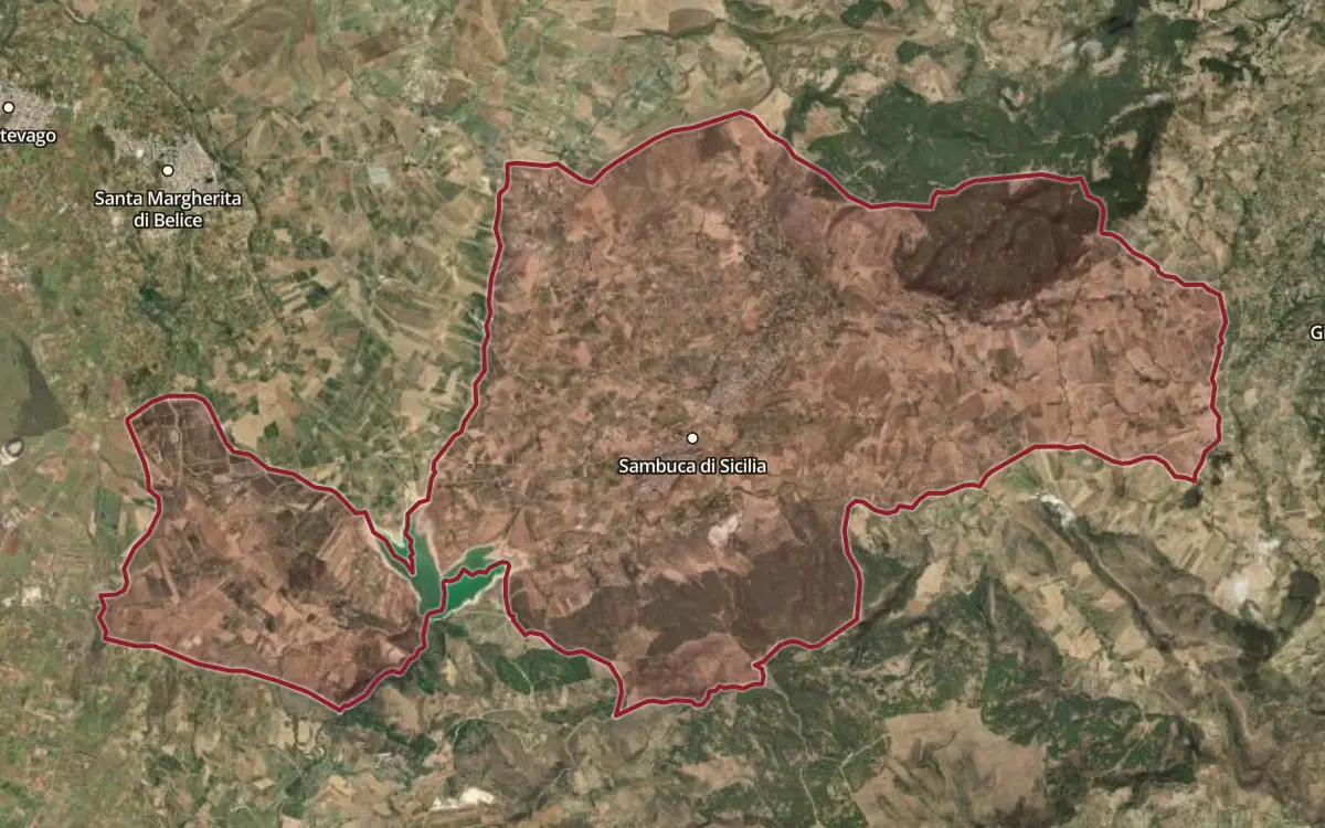 Map of the Sambuca di Sicilia DOC production zone on satellite imagery