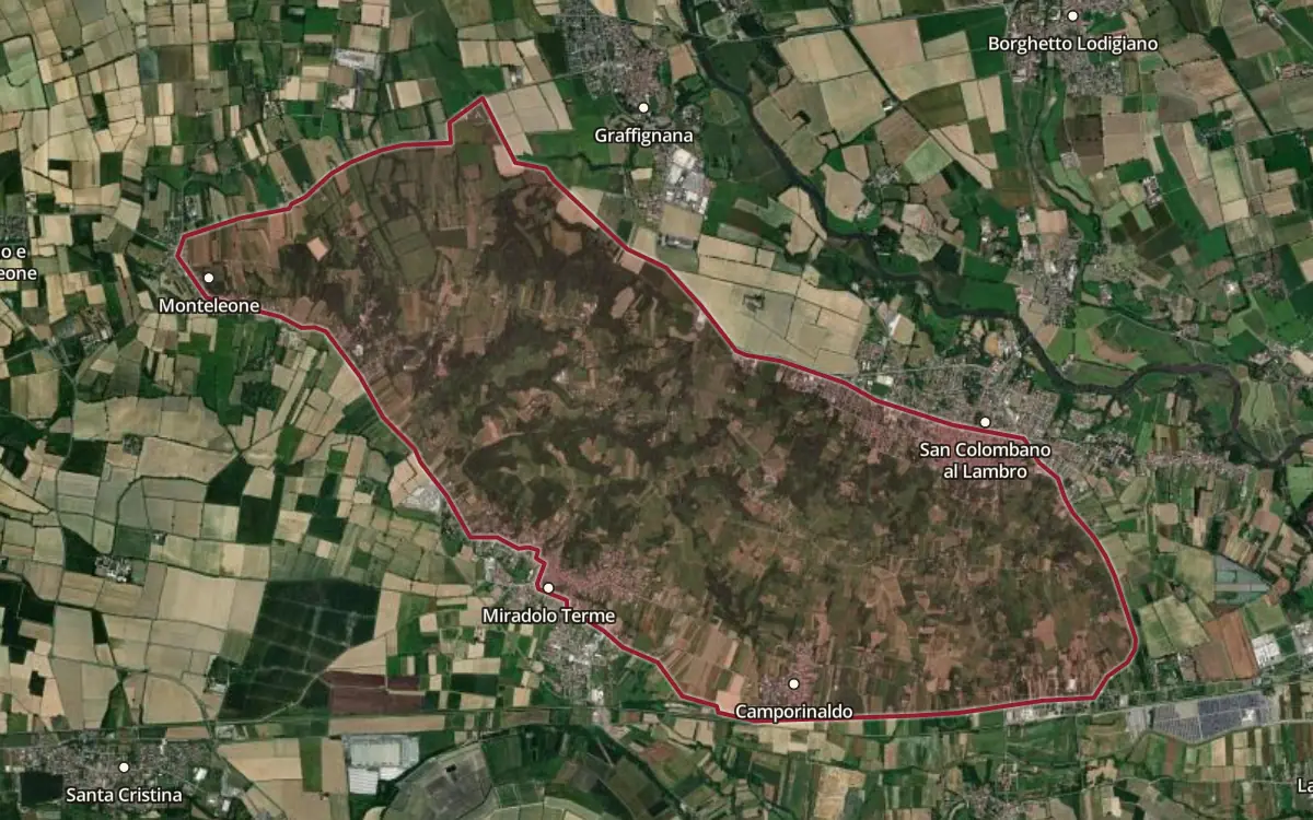 Map of the San Colombano al Lambro DOC production zone on satellite imagery