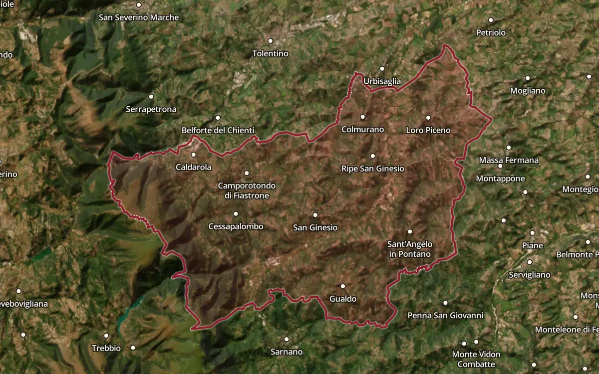 Map of the San Ginesio DOC production zone on satellite imagery