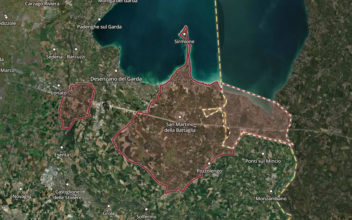 Map of the San Martino della Battaglia DOC production zone on satellite imagery