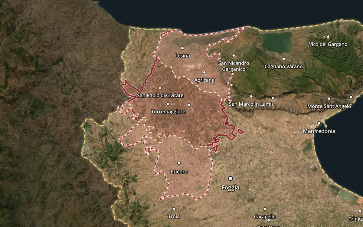 Map of the San Severo DOC production zone on satellite imagery