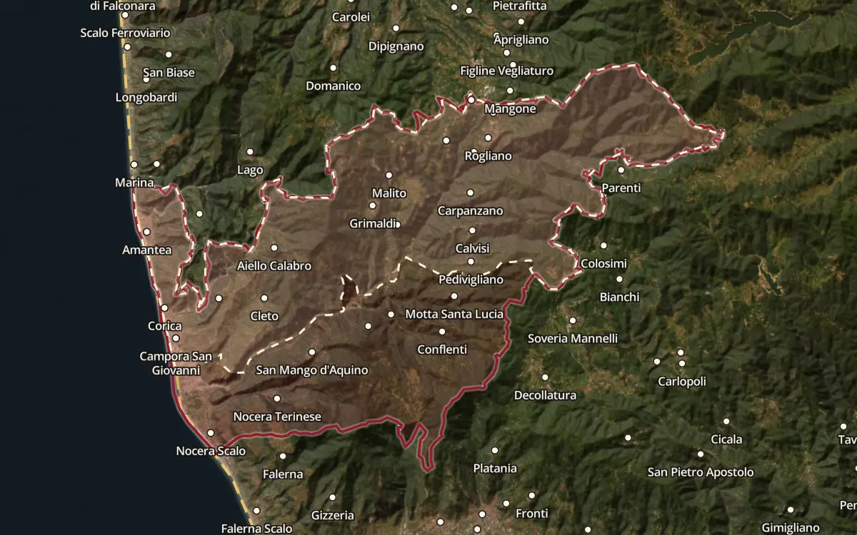 Map of the Savuto DOC production zone on satellite imagery