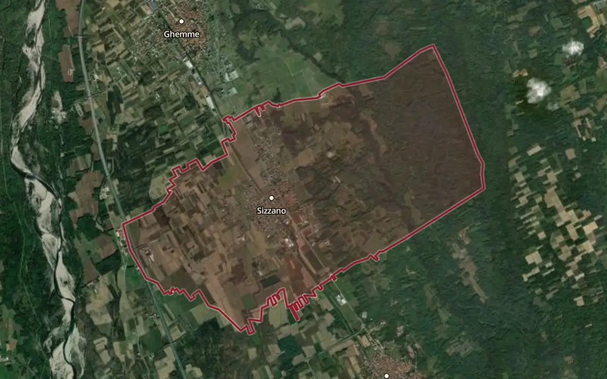 Map of the Sizzano DOC production zone on satellite imagery