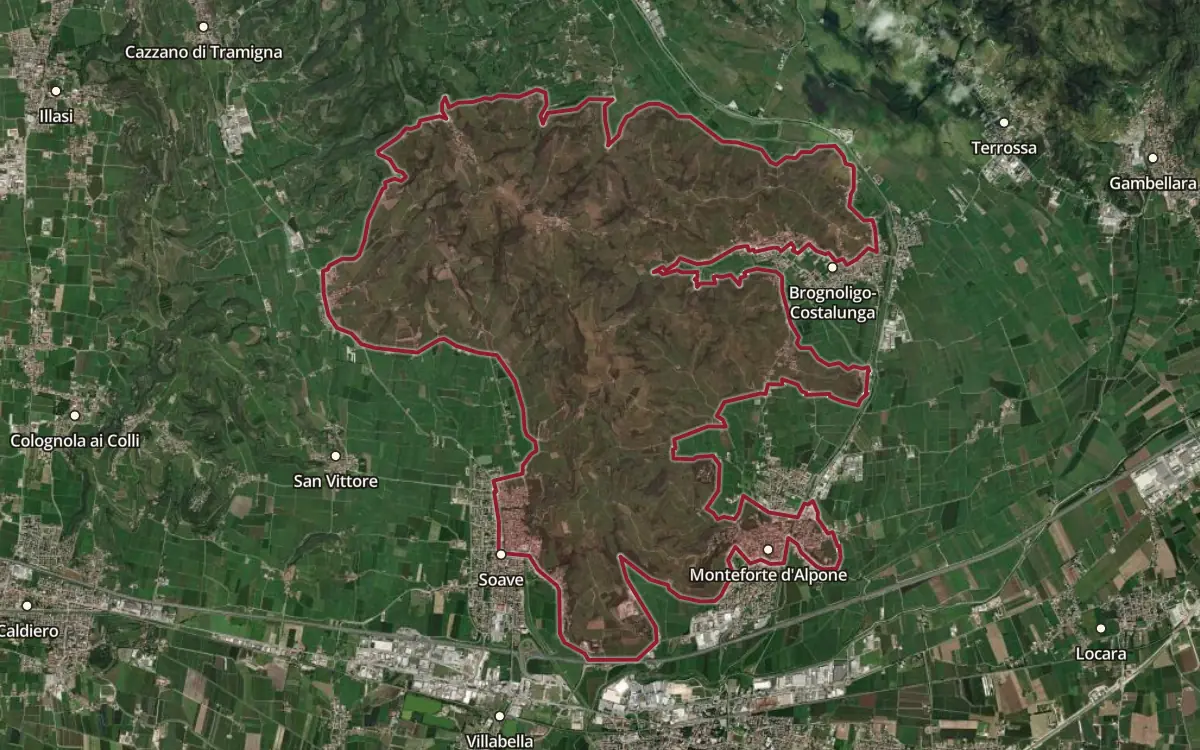 Map of the Soave Classico DOC production zone on satellite imagery