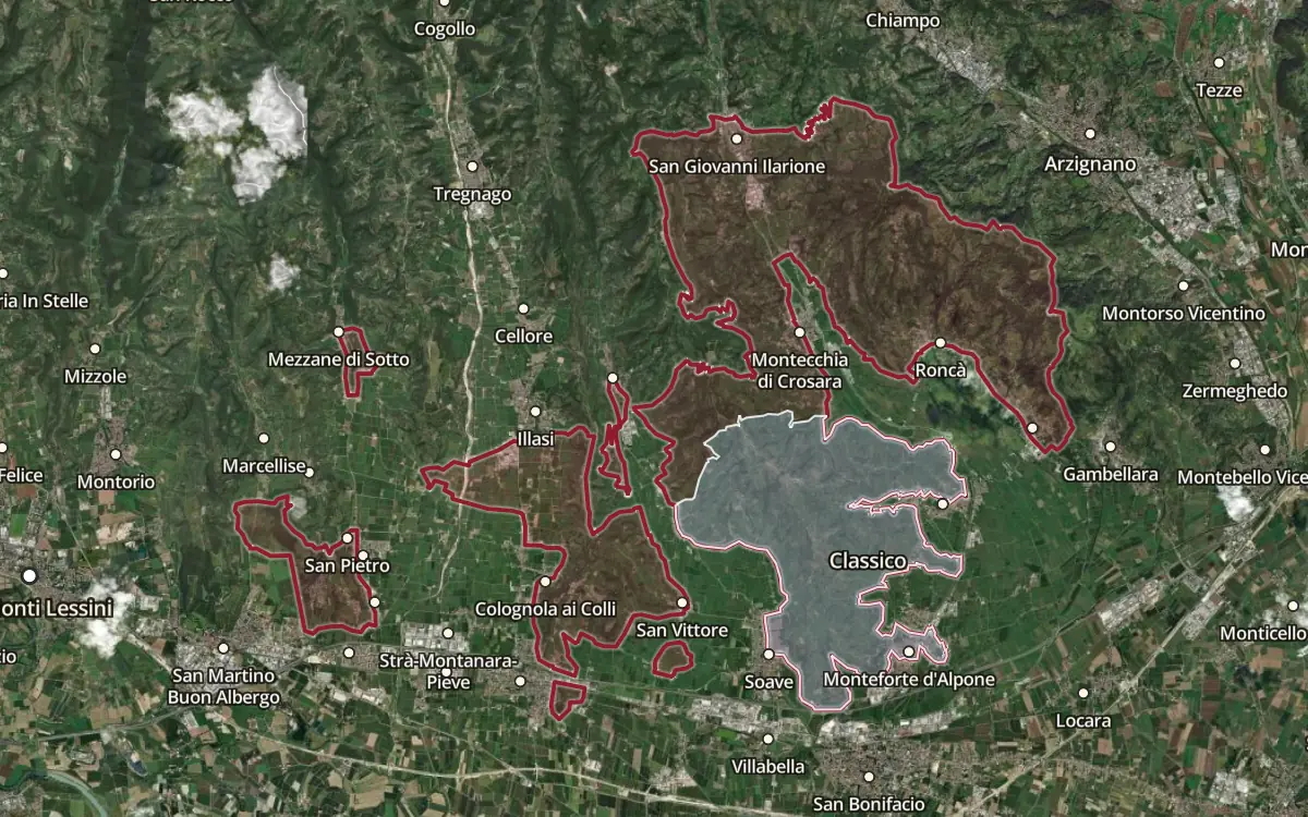 Map of the Soave Superiore DOCG production zone on satellite imagery