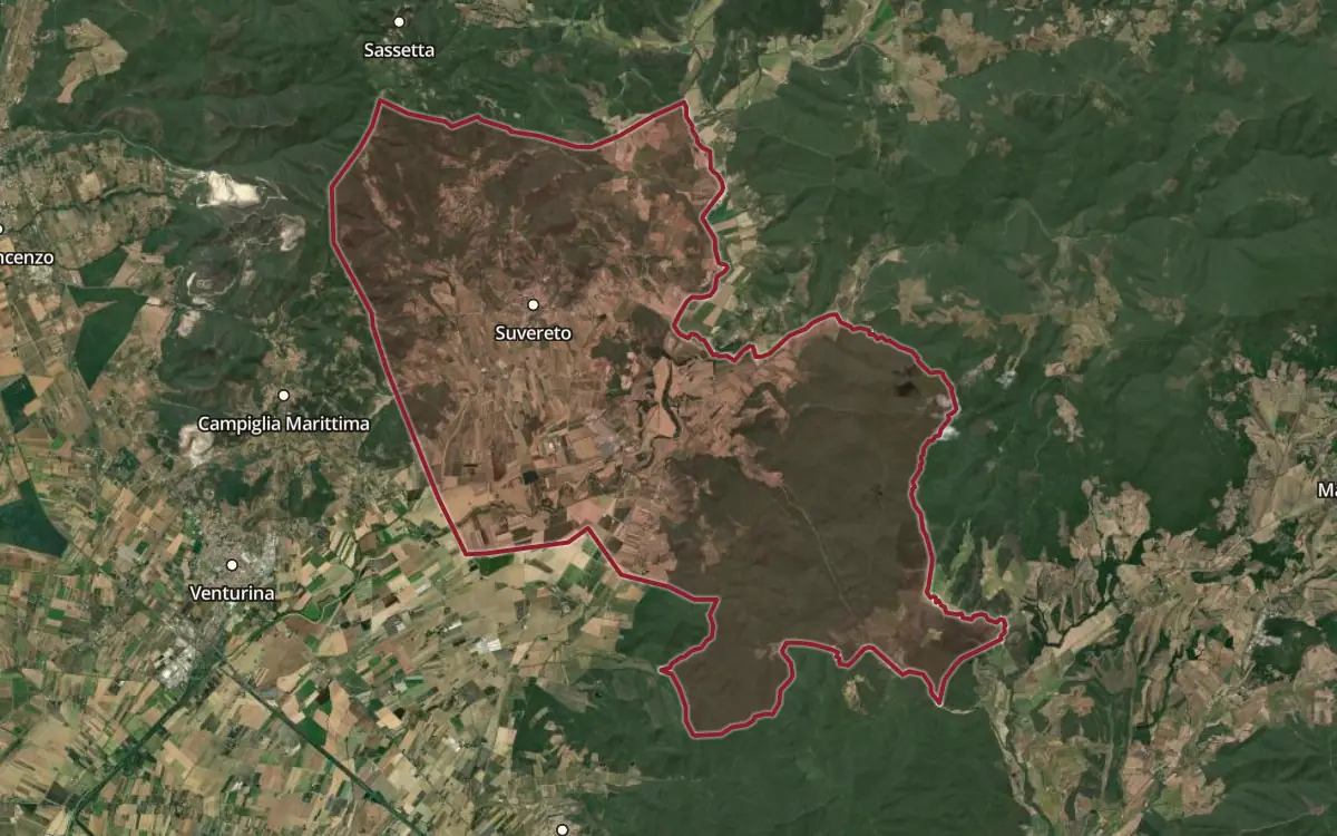 Map of the Suvereto DOCG production zone on satellite imagery