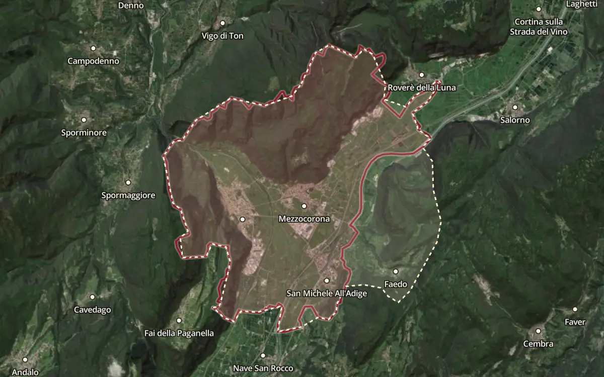 Map of the Teroldego Rotaliano DOC production zone on satellite imagery