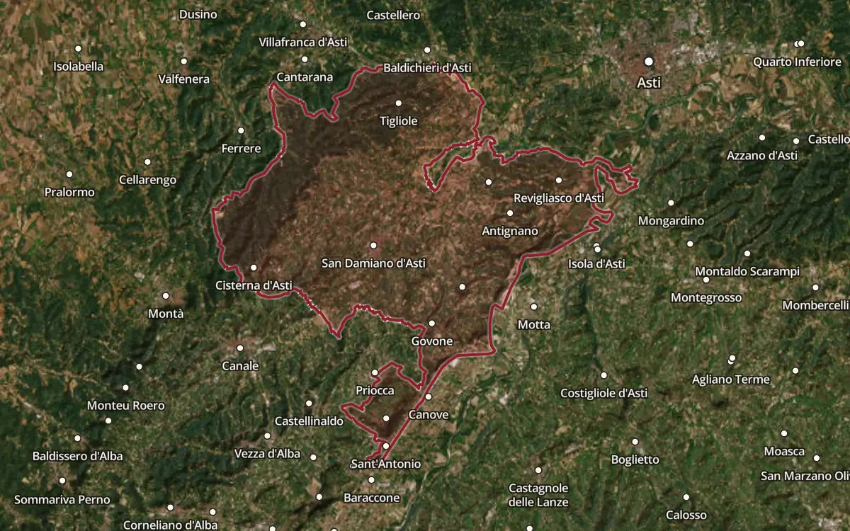 Map of the Terre Alfieri DOCG production zone on satellite imagery