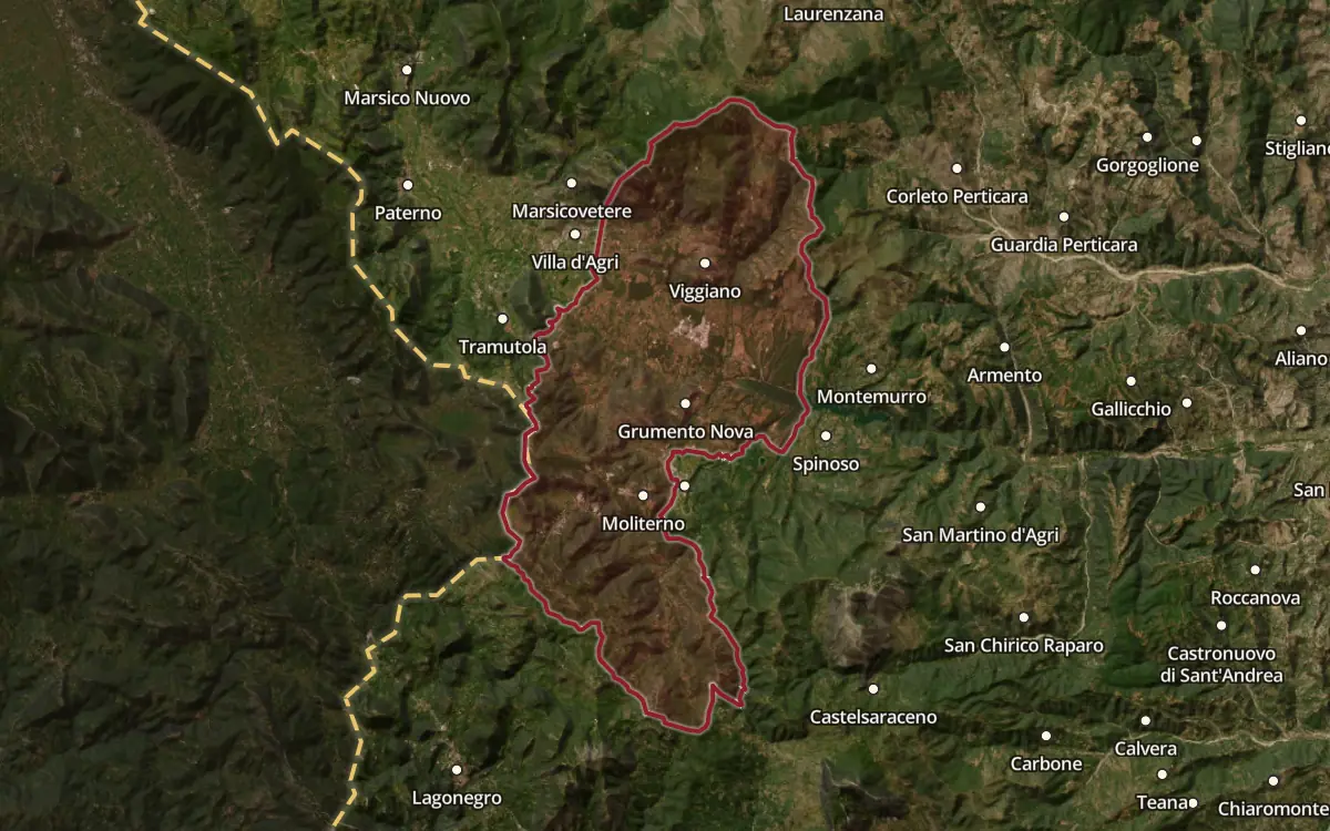 Map of the Terre dell’Alta Val d’Agri DOC production zone on satellite imagery