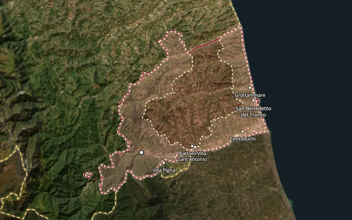 Map of the Terre di Offida DOC production zone on satellite imagery