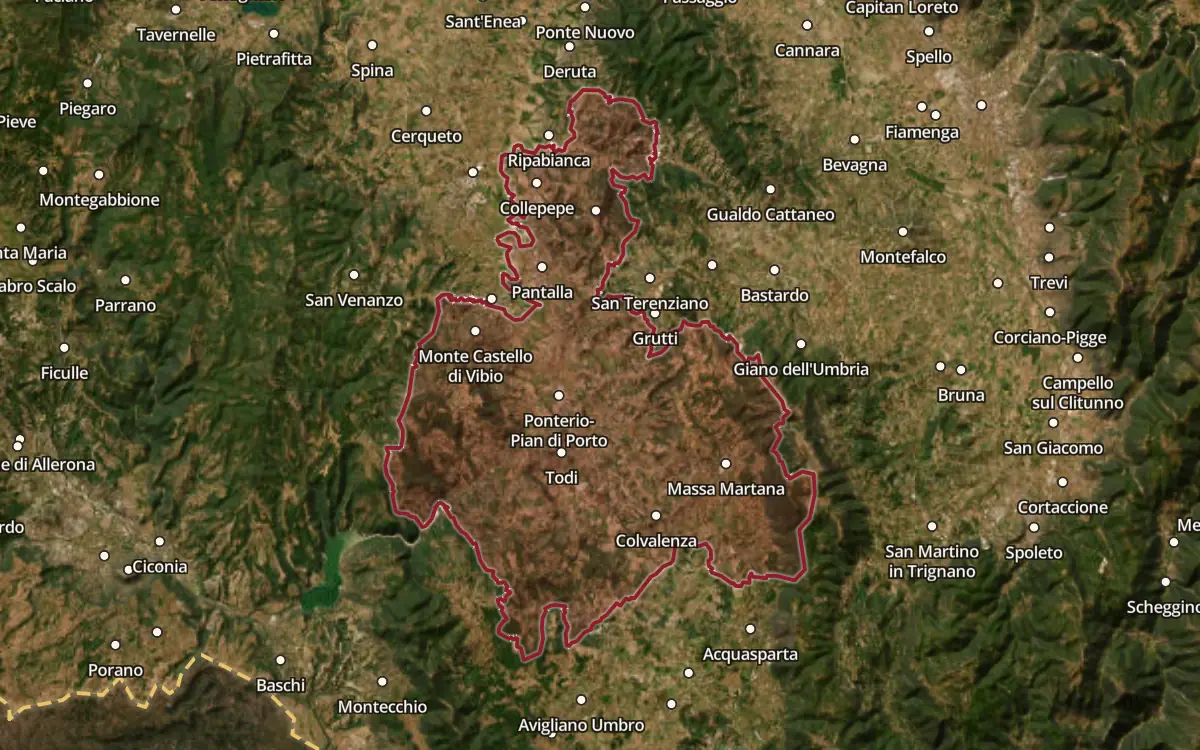 Map of the Todi DOC production zone on satellite imagery