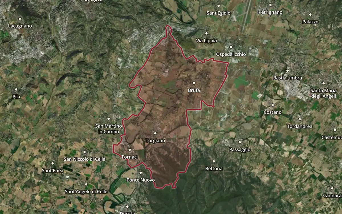 Map of the Torgiano DOC production zone on satellite imagery