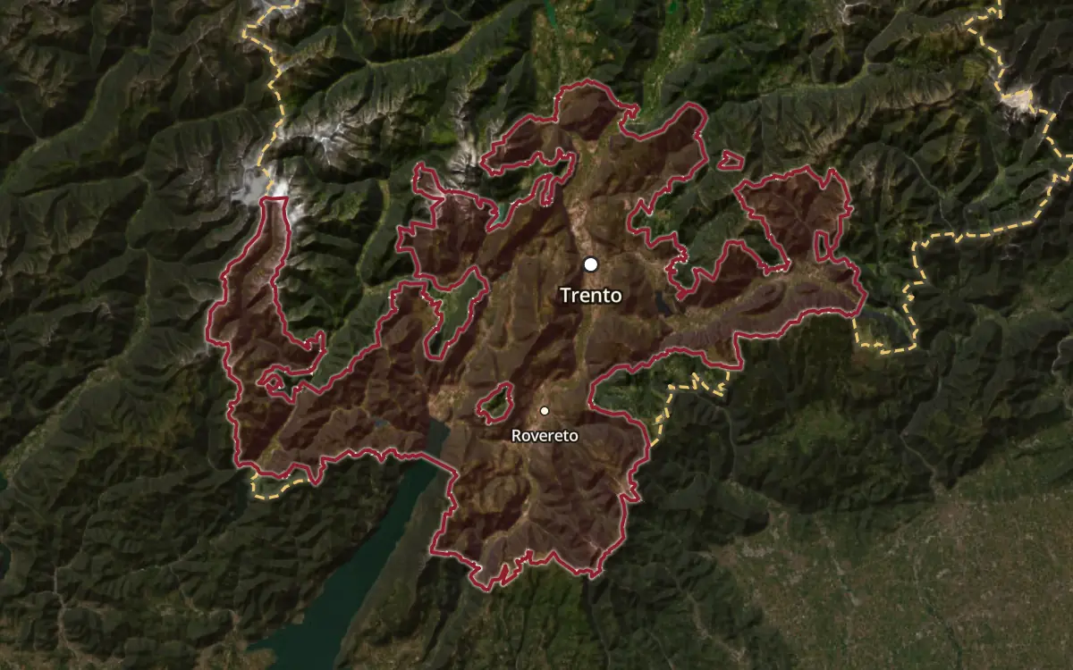 Map of the Trentino DOC production zone on satellite imagery
