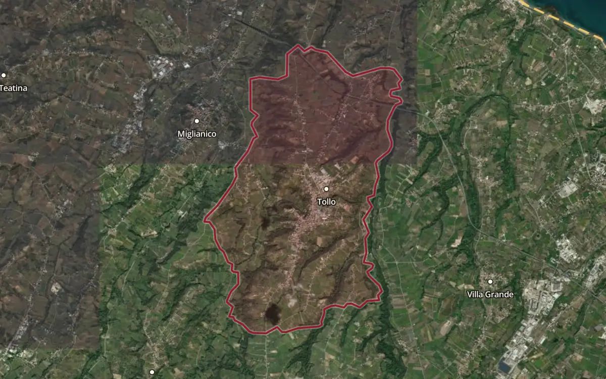 Map of the Tullum / Terre Tollesi DOCG production zone on satellite imagery