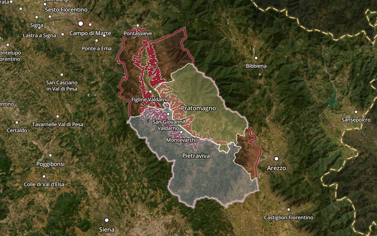 Map of the Val d’Arno di Sopra DOC production zone on satellite imagery
