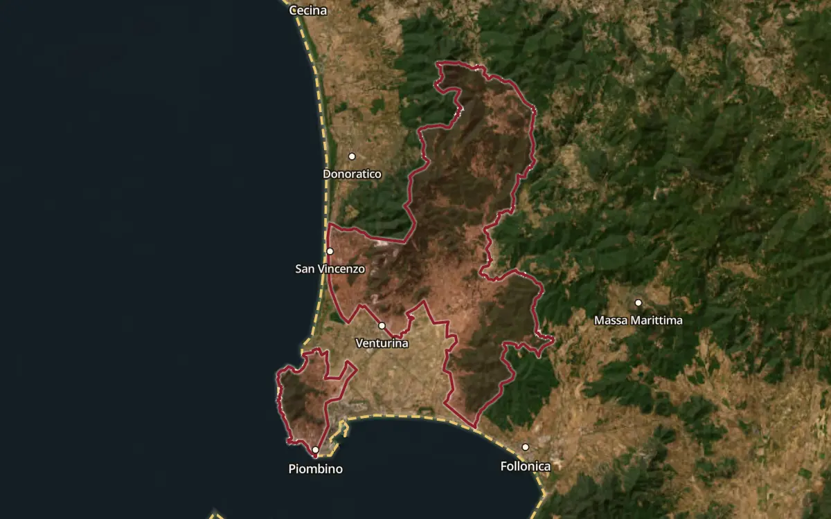 Map of the Val di Cornia DOC production zone on satellite imagery