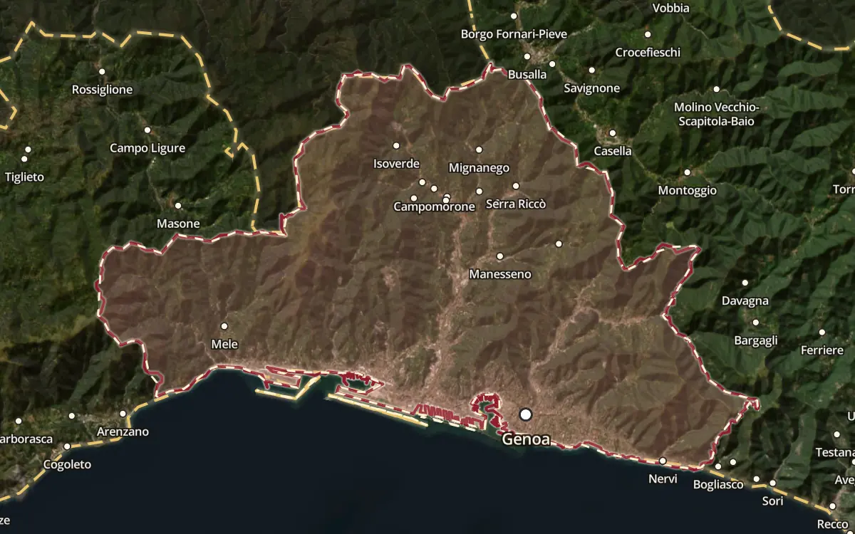 Map of the Val Polcevera DOC production zone on satellite imagery