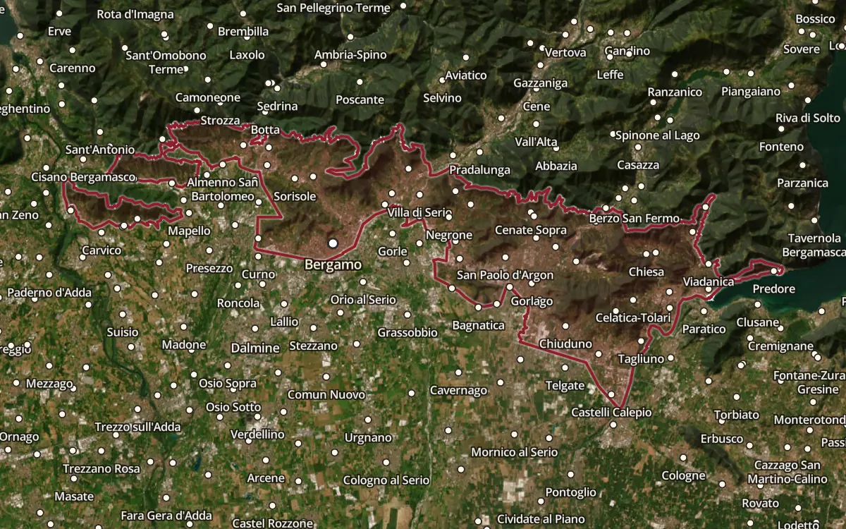 Map of the Valcalepio DOC production zone on satellite imagery