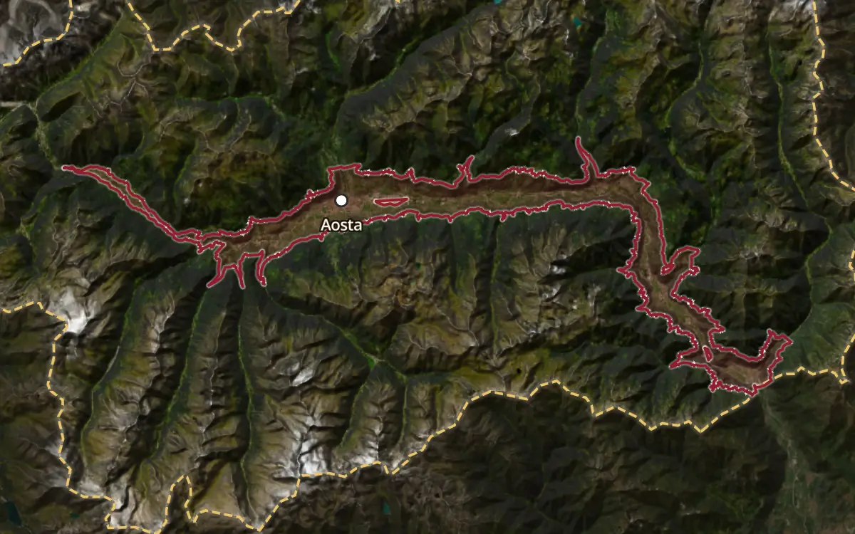 Map of the Valle d'Aosta / Vallée d'Aoste DOC production zone on satellite imagery