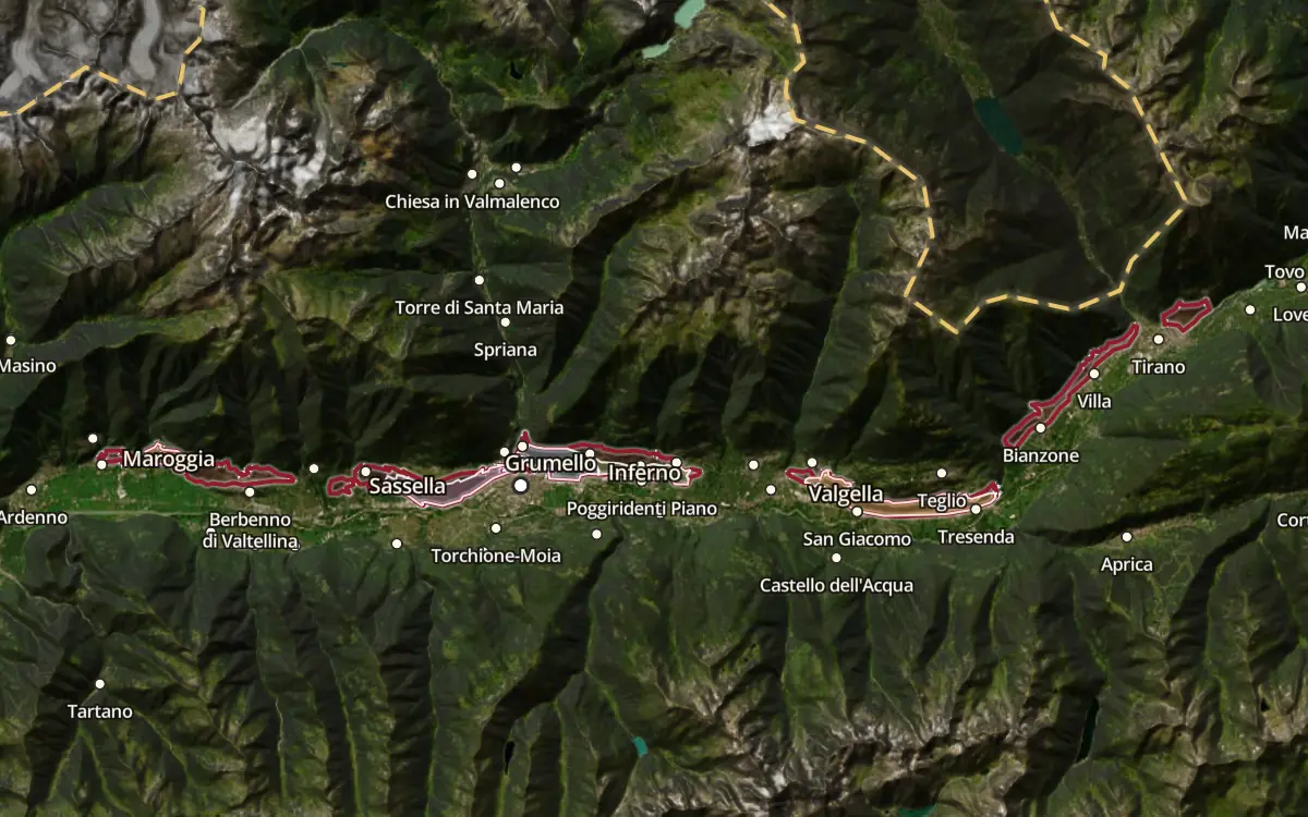 Map of the Valtellina Superiore DOCG production zone on satellite imagery