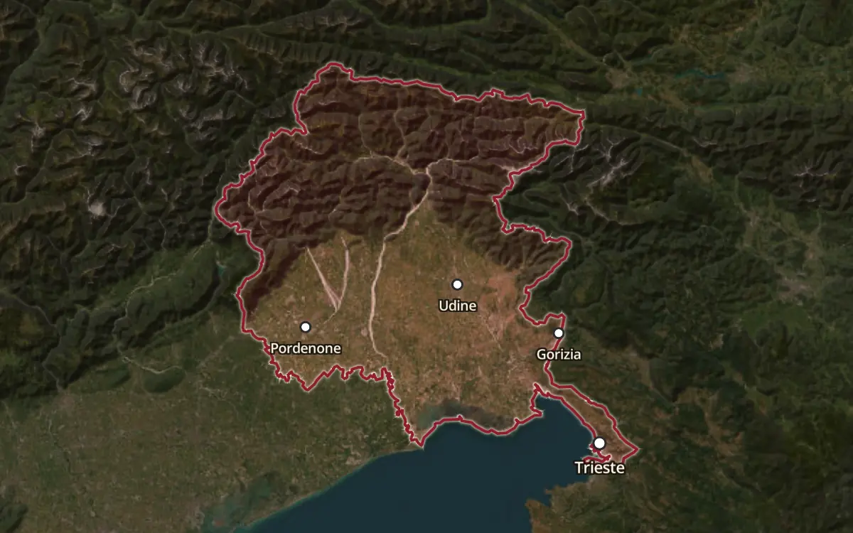 Map of the Venezia Giulia IGT production zone on satellite imagery