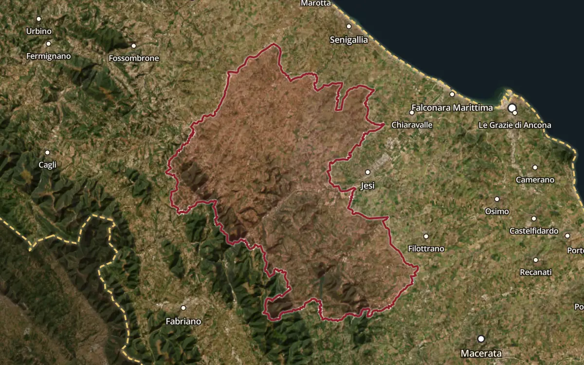 Map of the Verdicchio dei Castelli di Jesi DOC production zone on satellite imagery