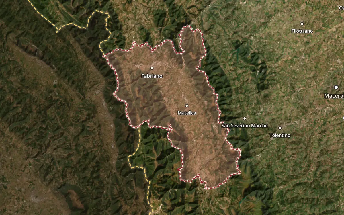 Map of the Verdicchio di Matelica Riserva DOCG production zone on satellite imagery