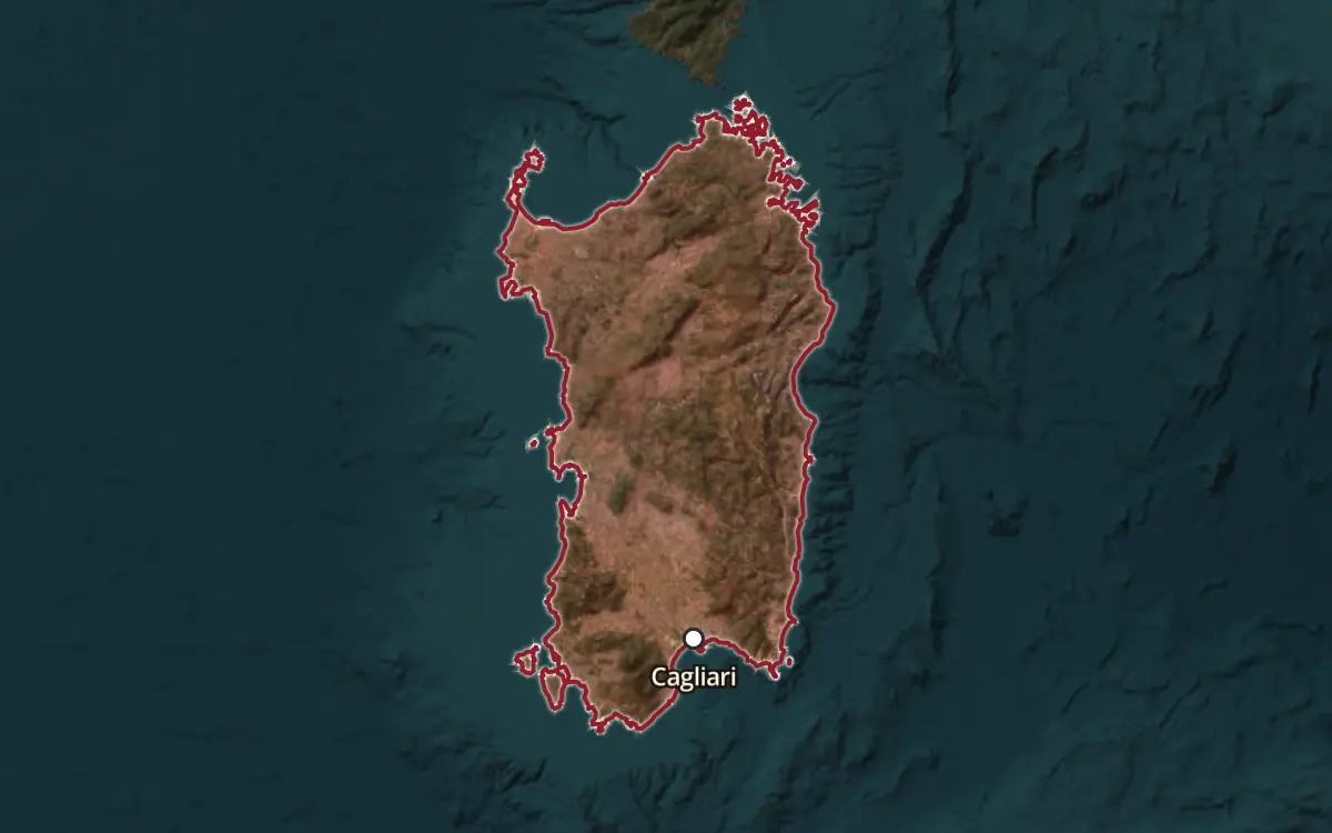 Map of the Vermentino di Sardegna DOC production zone on satellite imagery