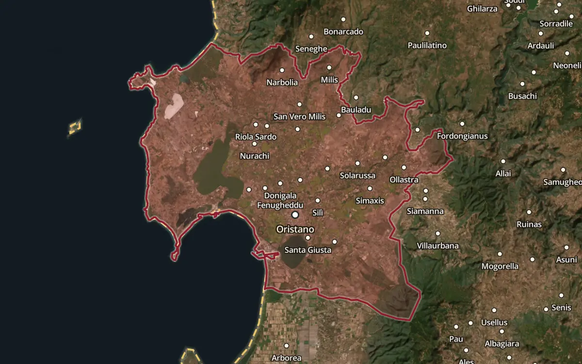 Map of the Vernaccia di Oristano DOC production zone on satellite imagery
