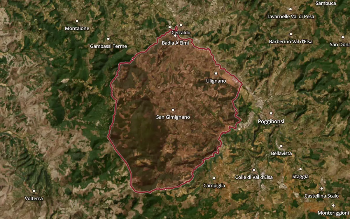 Map of the Vernaccia di San Gimignano DOCG production zone on satellite imagery