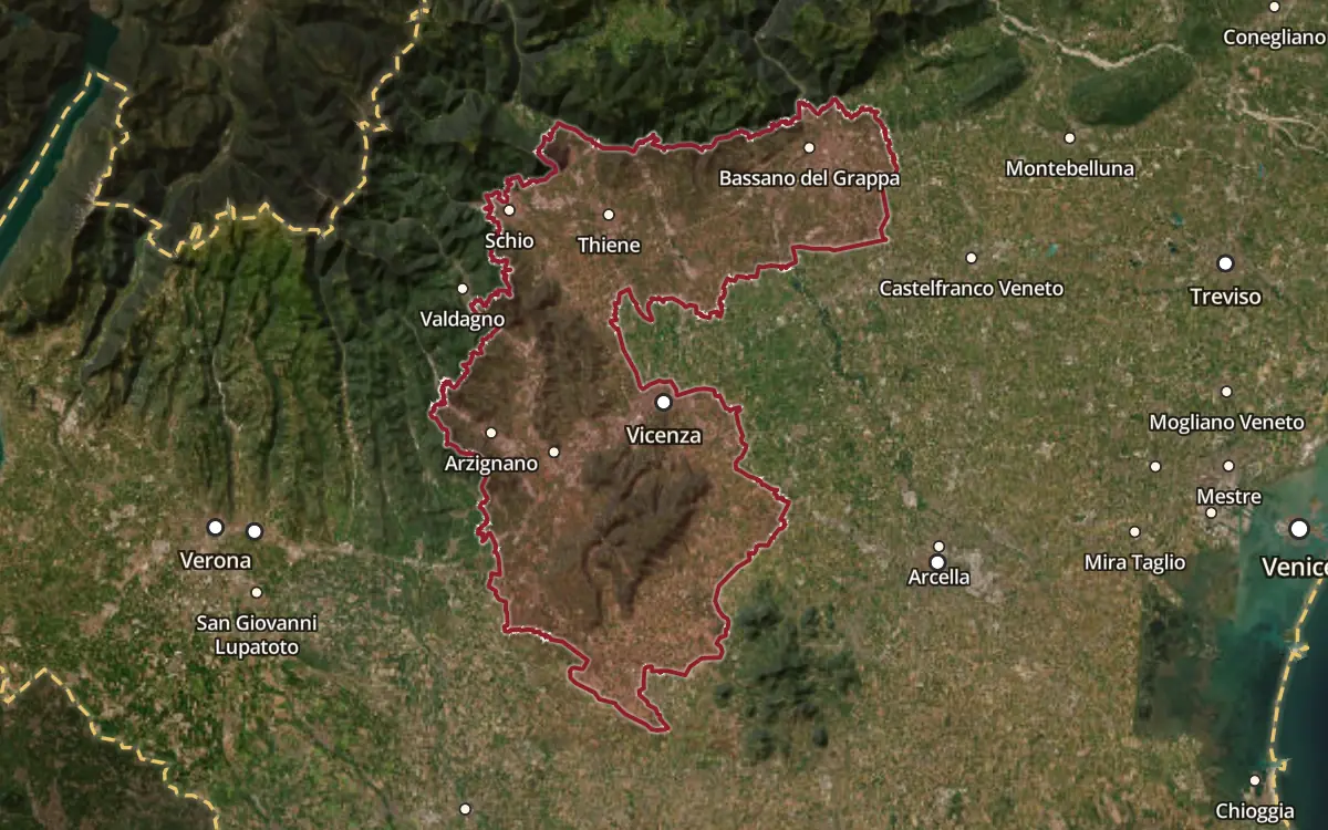 Map of the Vicenza DOC production zone on satellite imagery